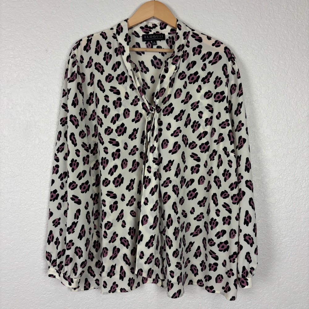 Eloquii Purple Leopard Animal Print Tie Neck Top Womens SZ 20 Career Office